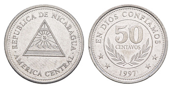 Никарагуа 50 сентаво 1997 KM 88 хромированная сталь UNC 4640-1043