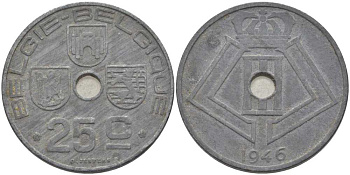 БЕЛЬГИЯ 25 САНТИМОВ 1946 BELGIE-BELGIQUE, ГЕРМАНСКАЯ ОККУПАЦИЯ, ВТОРАЯ МИРОВАЯ ВОЙНА, ЛЕОПОЛЬД III (1934-1950) KM 132 цинк 119-413