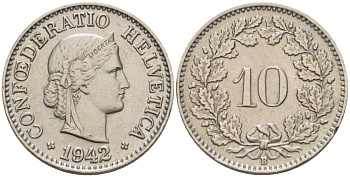ШВЕЙЦАРИЯ 10 РАППЕНОВ 1942 В KM 27 медно-никель 31-1222
