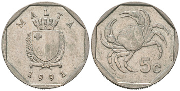 Мальта 5 центов 1991 краб KM 95 медно-никель 192-1236