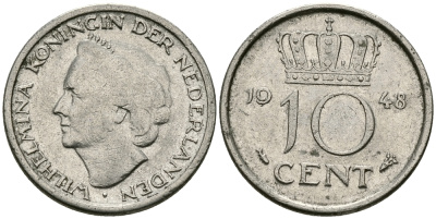 Нидерланды 10 центов 1948 Вильгельмина (1895-1948) KM 177 никель 96-524