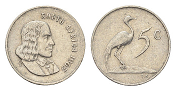 ЮАР 5 центов 1965 Ян ван Рибек (1619-1677), South Africa, легенда на англинском, райский журавль KM 67.1 никель 4702-848