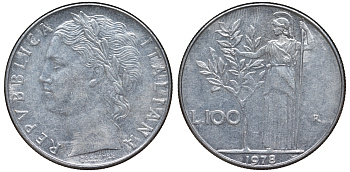 Италия 100 лир 1978 R KM 96.1 нержавеющая сталь 4144-122