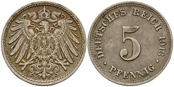 Германия 5 пфеннигов 1913 D J.12, KM 11 медно-никель    4598-1147