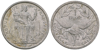 Французская Новая Каледония 1 франк 1981 птица кагу, (IEOM) KM 10, Schoen 10, Lec 44 алюминий    51-1154