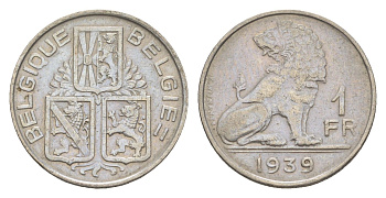 Бельгия 1 франк 1939 Belgique - Belgie, Леопольд III (1934-1951) KM 119 никель 4173-656