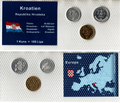 Хорватия набор из 3 монет (1, 2 и 5 лир) 1995, 1999 и 2003 в красочной упаковке с информацией о стране KM 3, 4 и 5 UNC 2-6-3-88