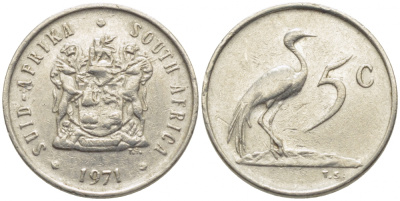ЮАР 5 центов 1971 герб, райский журавль KM 84 никель 105-1024
