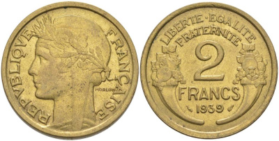 ФРАНЦИЯ 2 ФРАНКА 1939 ТИП MORLON KM 886, LE FRANC 268.12 алюминиевая бронза 3855-214