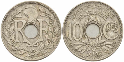 ФРАНЦИЯ 10 САНТИМОВ 1938 ТИП ЛИНДАЙЁ KM 866а, LE FRANC 138.25 медно-никель 108-236