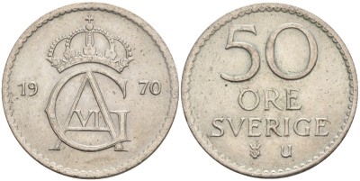 Швеция 50 эре 1970 U, Густав VI Адольф (1950-1973) KM 837 медно-никель 4538-441