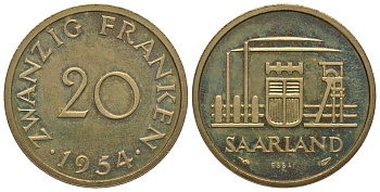 Саарланд 20 франков 1954 ESSAI, пробный выпуск KM E2 PROOF 00-812-48