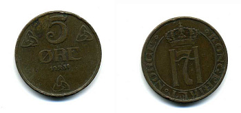 НОРВЕГИЯ 5 ЭРЕ 1931 ХОКОН VII KM 368 бронза 56-313