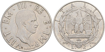 ИТАЛИЯ 2 ЛИРЫ 1939 R, ГОД XVIII, ВИКТОР ЭММАНУИЛ III (1900-1946), немагнитная, ГУРТ РИФЛЁНЫЙ KM78a, VEM3. 1153 a) нержавеющая сталь 3855-234