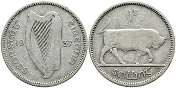 ИРЛАНДИЯ 1 ШИЛЛИНГ 1937 БЫК, ПРОБА 750, ДИАМЕТР 23,6 ММ., ТИРАЖ 100000 ЭКЗ. KM 6 серебро 272-113