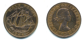 Великобритания 1/2 пенни 1966 Елизавета II (1952-2022) KM 896, Spink 4158 бронза 59-915