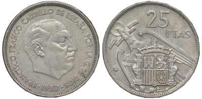 ИСПАНИЯ 25 ПЕСЕТ 1957 (69) ФРАНСИСКО ФРАНКО ДИКТАТОР ИСПАНИИ (1939-1975) KM 787 медно-никель 62-1122
