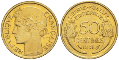 ФРАНЦИЯ 50 САНТИМОВ 1941 ТИП MORLON KM 894.1, LE FRANC 192.18 алюминиевая бронза 44-514