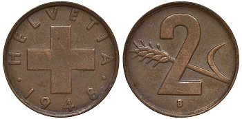 Швейцария 2 раппена 1948 в KM 47 бронза 4128-714