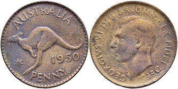 АВСТРАЛИЯ 1 ПЕННИ 1950 p, ГЕОРГ VI (1936-1952), КЕНГУРУ KM 42 бронза 4394-1012