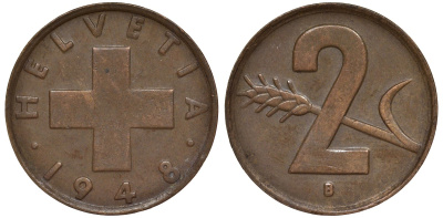 Швейцария 2 раппена 1948 в KM 47 бронза 4128-714