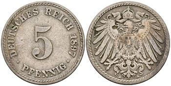 Германия 5 пфеннигов 1897 A KM 11, J. 12 медно-никель 4151-415