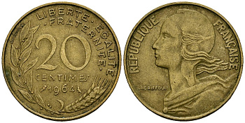 Франция 20 сантимов 1964 тип Marianne KM 930 алюминиевая бронза 4167-544