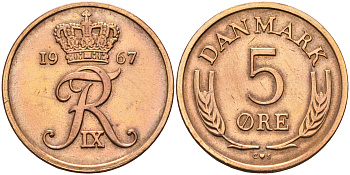 Дания 5 эре 1967 С. S, Фредерик IX (1947-1972) КМ 848.1 бронза    4177-157