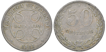 Колумбия 50 сентаво 1921 государственный лепрозорий KM L13 медно-никель 53-923