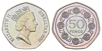Гибралтар 50 пенсов 1988 KM 17 медно-никель UNC 4667-516