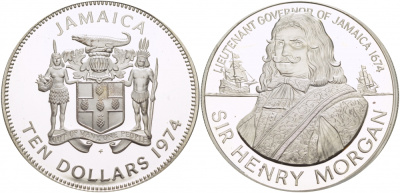 Ямайка 10 долларов 1974 губернатор Ямайки сэр Генри Морган KM 63а серебро PROOF 00-00