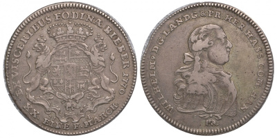 Гессен-Кассель, управление Ганау-Мюнценберг 1/2 талера 1770 Вильгельм IX KM 103 Schutz 2075 серебро 00-805-13