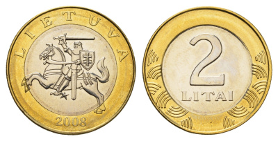 Литва 2 лита 2008 из годового набора KM 112 биметалл BU 4652-957