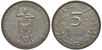 Германия 5 марок 1925 E, 1000 летие Рейнланда J. 322, KM 46 серебро 00-817-07