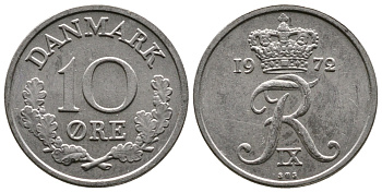 ДАНИЯ 10 ЭРЕ 1972 S; S, ФРЕДЕРИК IX (1947-1972) KM 849.2 медно-никель 26-932