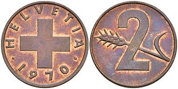 Швейцария 2 раппена 1970 KM 47 бронза 4592-657