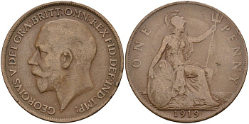Великобритания 1 пенни 1919 Георг V (1910-1936) KM 810, Spink 4051 бронза 4117-812