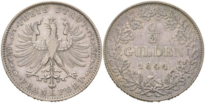 Франкфурт 1/2 гульдена 1844 KM 330, AKS 16, J g 6 FHI 26 серебро 4584-1121