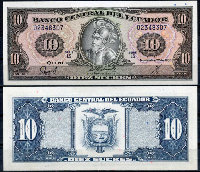 Эквадор 10 сукре 1988 Себастьян де Белалькасар, серия LS Pick 121 (5)  бумага  UNC (пресс) 447-113-2