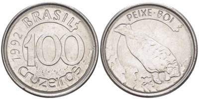 БРАЗИЛИЯ 100 КРУЗЕЙРО 1992 РЕФОРМА 1990-1993, ЛАМАНТИН KM 623 нержавеющая сталь 4387-1064