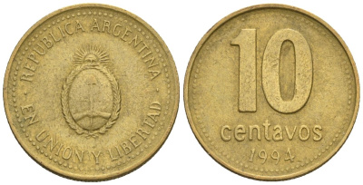 Аргентина 10 сентаво 1994 KM 107, CJ 3, Schon 110 алюминиевая бронза 4609-1252