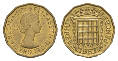 Великобритания 3 пенса 1967 Елизавета II (1952-2022) KM 900, Spink 4153 никель латунь UNC 4571-1135