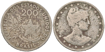 Бразилия 200 реалов 1901 MCMI, голова свободы вправо KM 504 медно-никель 4612-126