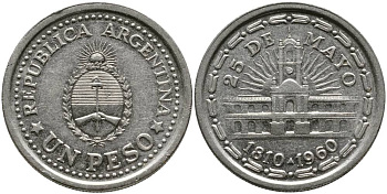 Аргентина 1 песо 1960 150 лет свержения Испанского вице-короля (1810-1960) KM 58 сталь плакированная никелем 4525-927