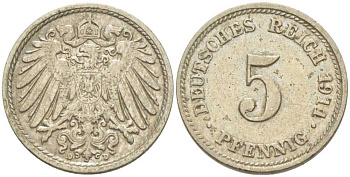 Германия 5 пфеннигов 1911 D KM 11, J. 12, Weege 6 медно-никель 206-965