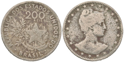 Бразилия 200 реалов 1901 MCMI, голова свободы вправо KM 504 медно-никель 4612-126