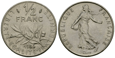 Франция 1/2 франка 1986 сеятель KM 931 никель 4135-726