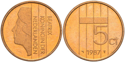 Нидерланды 5 центов 1987 Беатрикс (1980-2013) KM 202 бронза UNC 4116-243