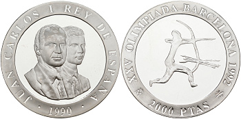 Испания 2000 песет 1990 XXV летние Олимпийские игры 1992 года в Барселоне, стрельба из лука KM 861 серебро PROOF 1091-8-53