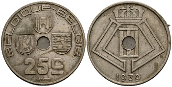 Бельгия 25 сантимов 1939 Belgique - Belgie KM 114 никель латунь 4382-116